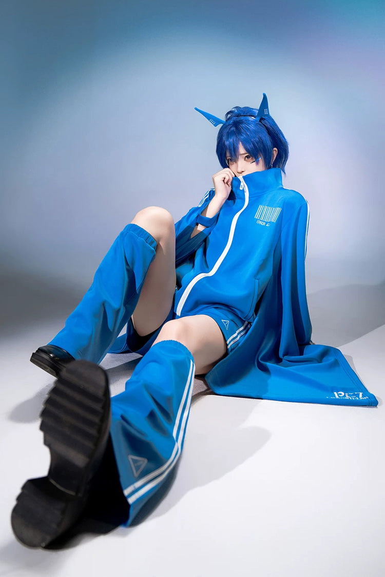 Blue [Network Error] Stand Collar Long Trumpet Sleeves Ouji Gothic Functional Style Japanese Prince Lolita Coat Shorts Set