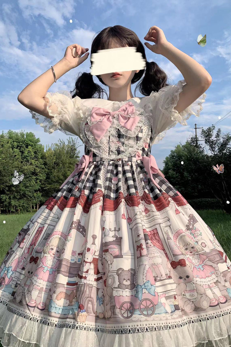 Black/Pink Plush Bear and Doll Print Ruffle Bowknot Lace Sweet Lolita Jsk Dress