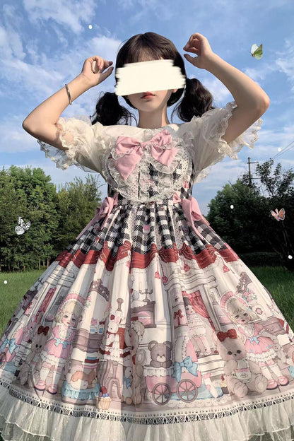 Black/Pink Plush Bear and Doll Print Ruffle Bowknot Lace Sweet Lolita Jsk Dress