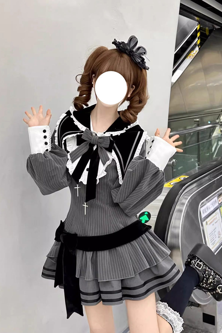 Black [Bizarre Rabbit Opera] Navy Collar Long Sleeves Print Ruffle Bowknot Gothic Lolita Dress