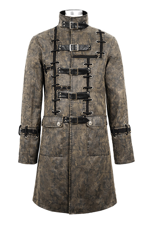 Brown Steampunk Patch Mens Long Leather Coat