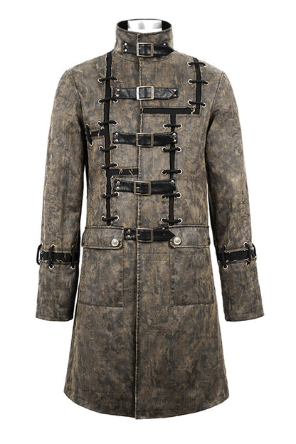 Brown Steampunk Patch Mens Long Leather Coat