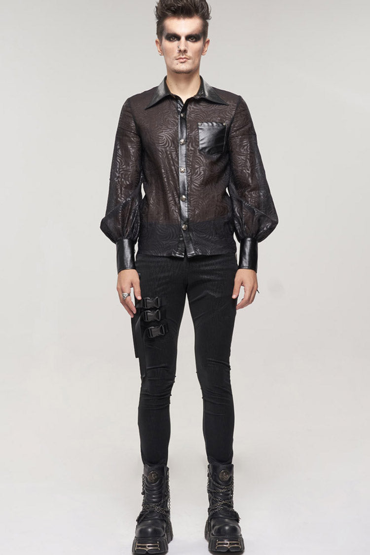 Black Punk Vertical Pattern Printing Cuff Drawstring Decoration See-Through Men's Shirt