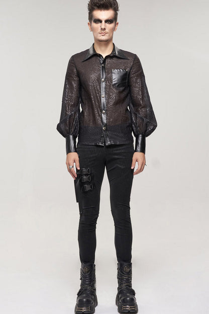 Black Punk Vertical Pattern Printing Cuff Drawstring Decoration See-Through Men's Shirt