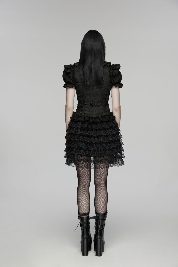 Black V Collar Short Sleeves High Waisted Jacquard Ruffled Cut-Out Embroidered Lace Slim Women's Gothic Vest