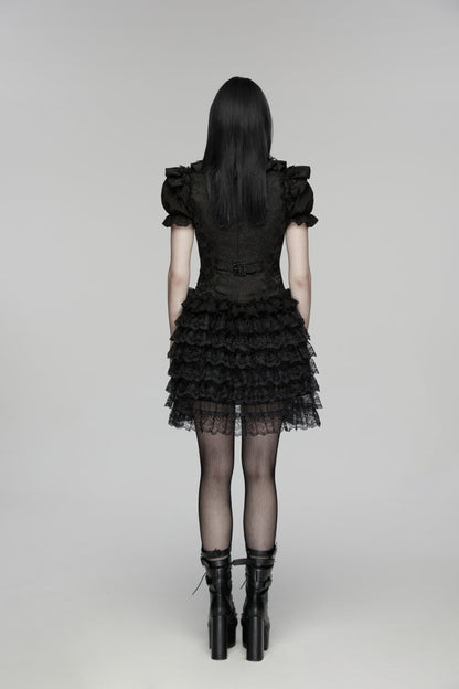 Black V Collar Short Sleeves High Waisted Jacquard Ruffled Cut-Out Embroidered Lace Slim Women's Gothic Vest
