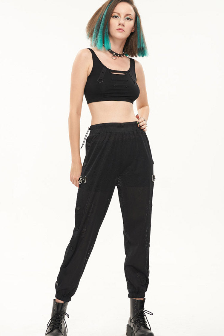 Black Punk Sports Style Metal Five-Star Decoration Trouser Leg Button Detachable Women's Long Pants