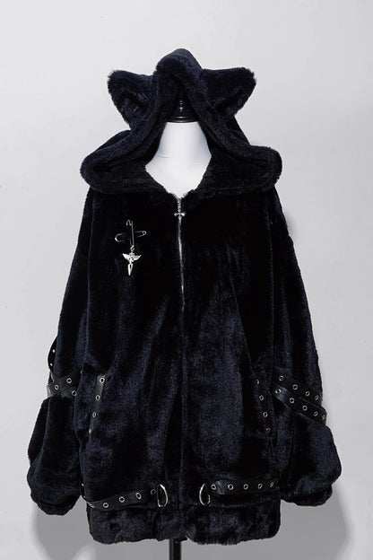 [Night Hunter] Cat Ear Long Sleeves Hooded Zippered Jirai Kei Coat 2 Colors