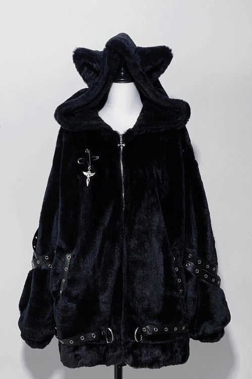 [Night Hunter] Cat Ear Long Sleeves Hooded Zippered Jirai Kei Coat 2 Colors