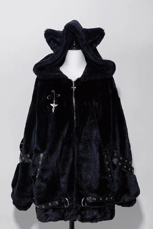 [Night Hunter] Cat Ear Long Sleeves Hooded Zippered Jirai Kei Coat 2 Colors