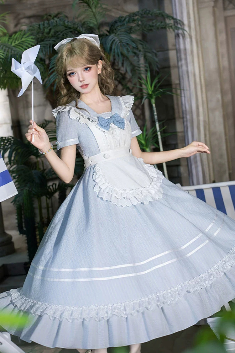 Blue [Seven Day Bell] Navy Collar Short Sleeves Printed Ruffled Bow Sweet Lolita Dress 2 Versions