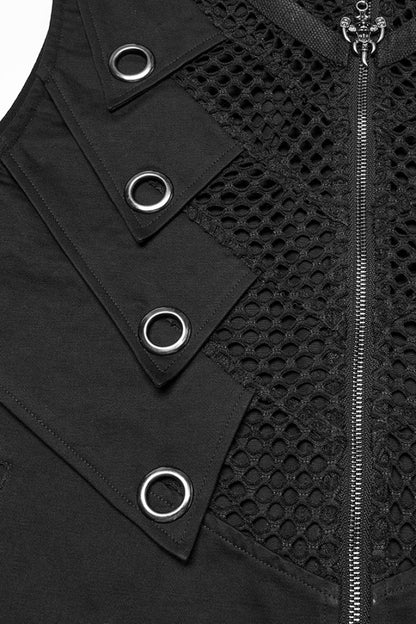 Black Stand Collar Stitching Mesh Men's Punk Vest