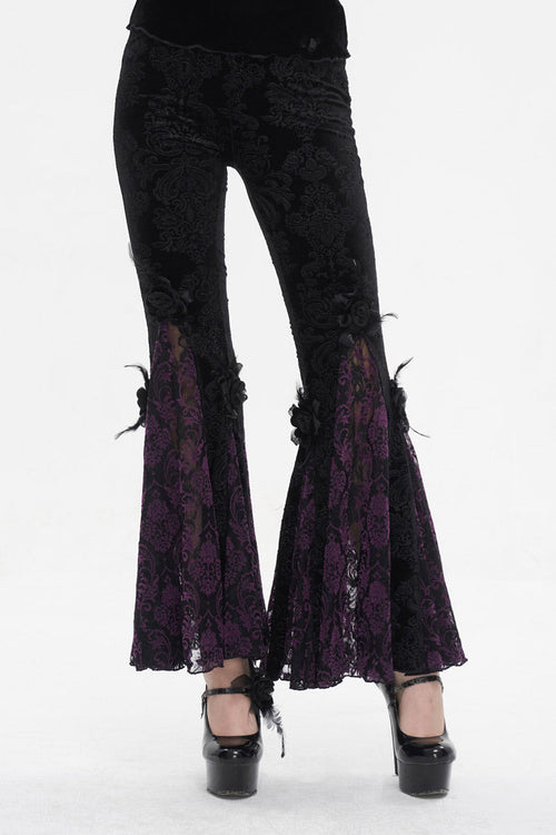 Black/Purple Printed Lace Embroidered Women's Gothic Flared Pants