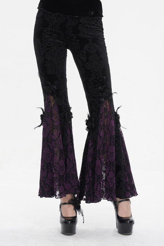 Black/Purple Printed Lace Embroidered Women's Gothic Flared Pants