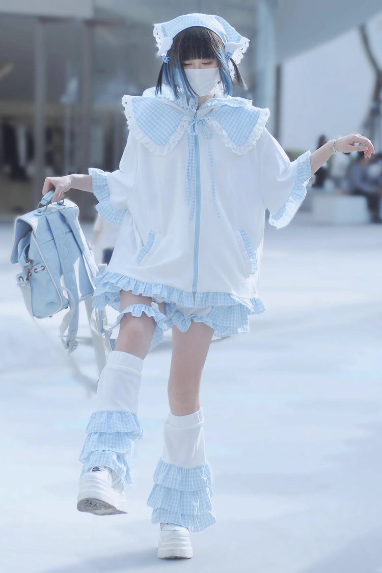 White/Blue Heart Signal Half Sleeves Plaid Print Hooded Sweet Jirai Kei Japanese Coat