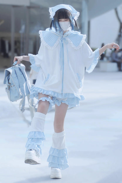 White/Blue Heart Signal Half Sleeves Plaid Print Hooded Sweet Jirai Kei Japanese Coat