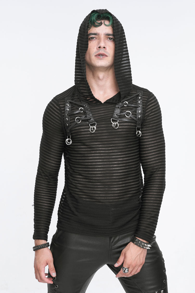 Black Striped Sheer Long Sleeve Men's Punk Sweatshirt Hooded