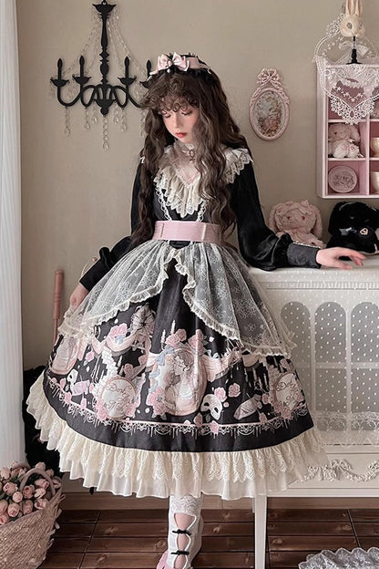 Black Rose Prologue Print Long Sleeves Ruffle Sweet Elegant Lolita Dress