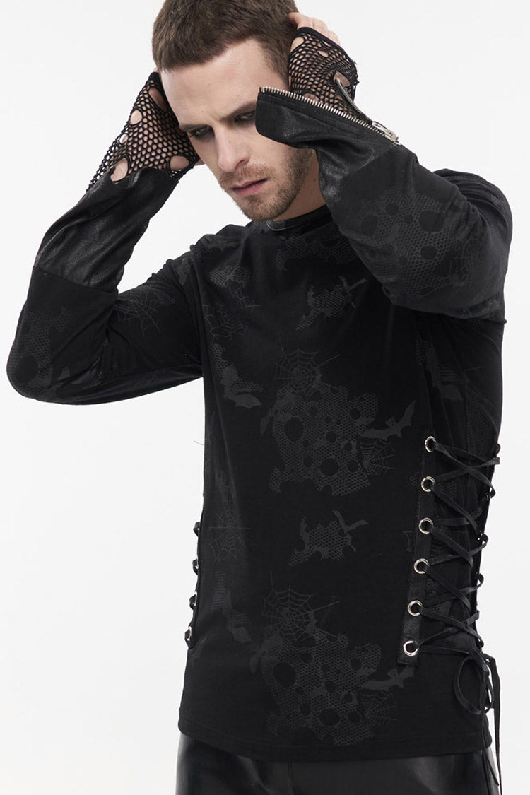 Black Punk Long Sleeve Knit Broken Holes Spider Web Print Crew Neck Men's Shirt