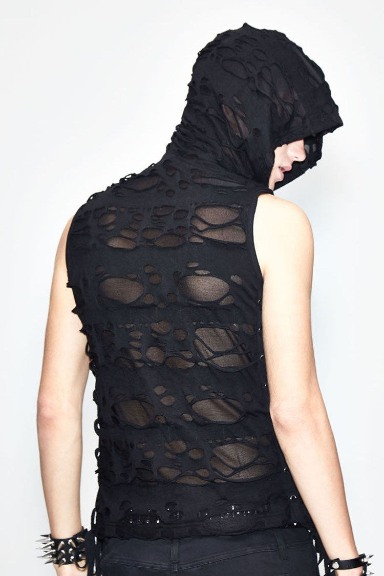 Black Sleeveless Ripped Side Ribbons Lace-Up Hooded Men's Punk T-Shirt