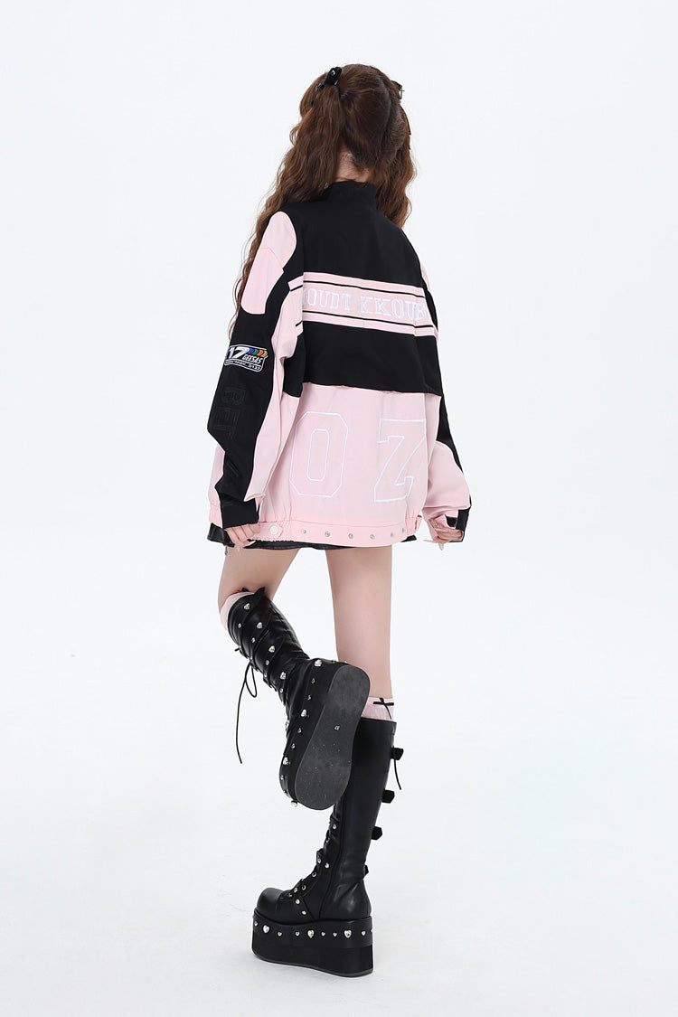 [Biker Girl] Long Sleeves Print Embroidery Zipper Detachable Jirai Kei Coat 3 Colors