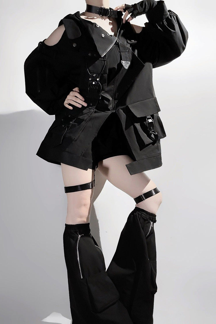 Black Techwear Long Sleeves Hooded Zippered Ouji Gothic Cool Lolita Set
