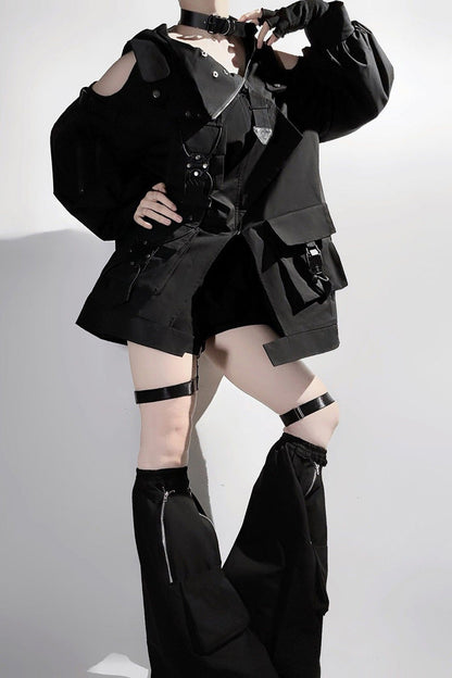 Black Techwear Long Sleeves Hooded Zippered Ouji Gothic Cool Lolita Set