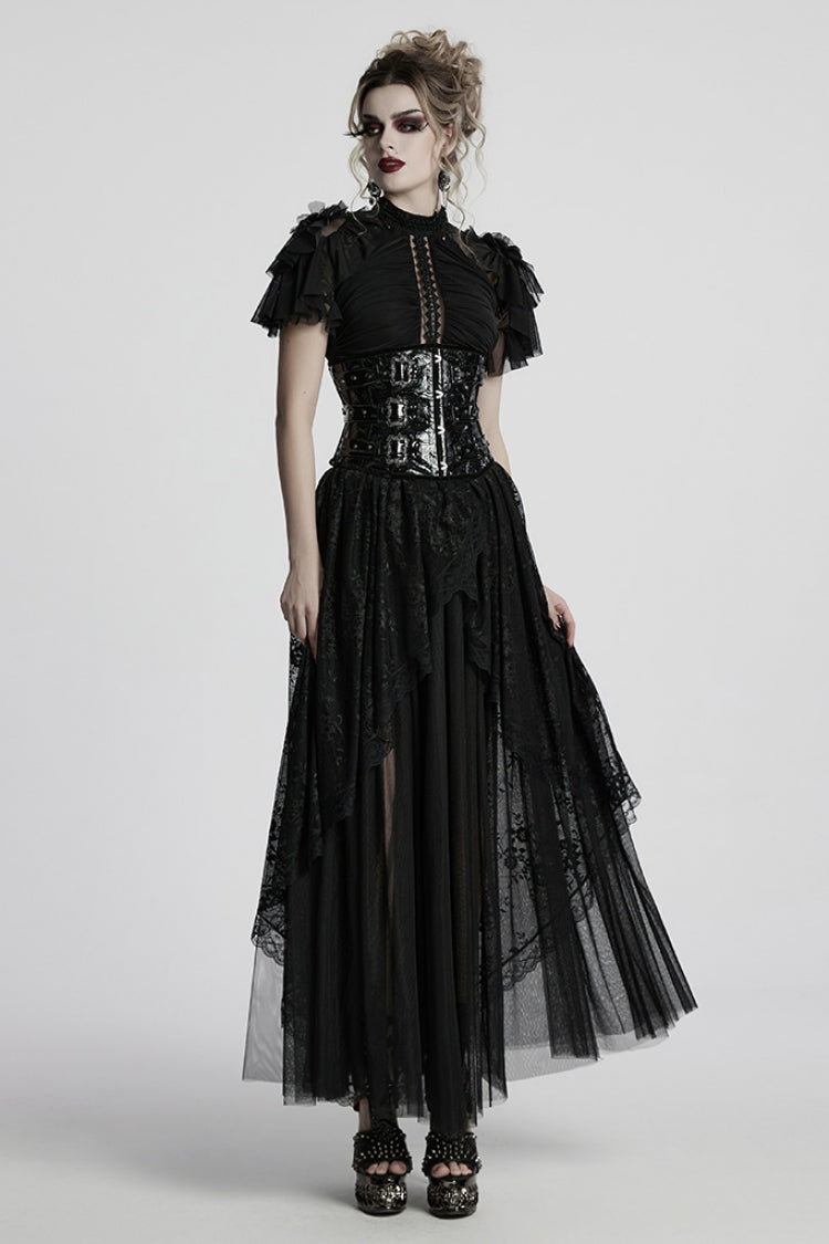 Black Short Sleeves Ruffle Stitching Lace Women's Gothic Layered Ball Gown Dress
