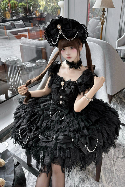 Black [Cloudborne Snowfeather] Sleeveless Multi-Layered Hanayome Bowknot Pearl Gothic Lolita Jsk Dress