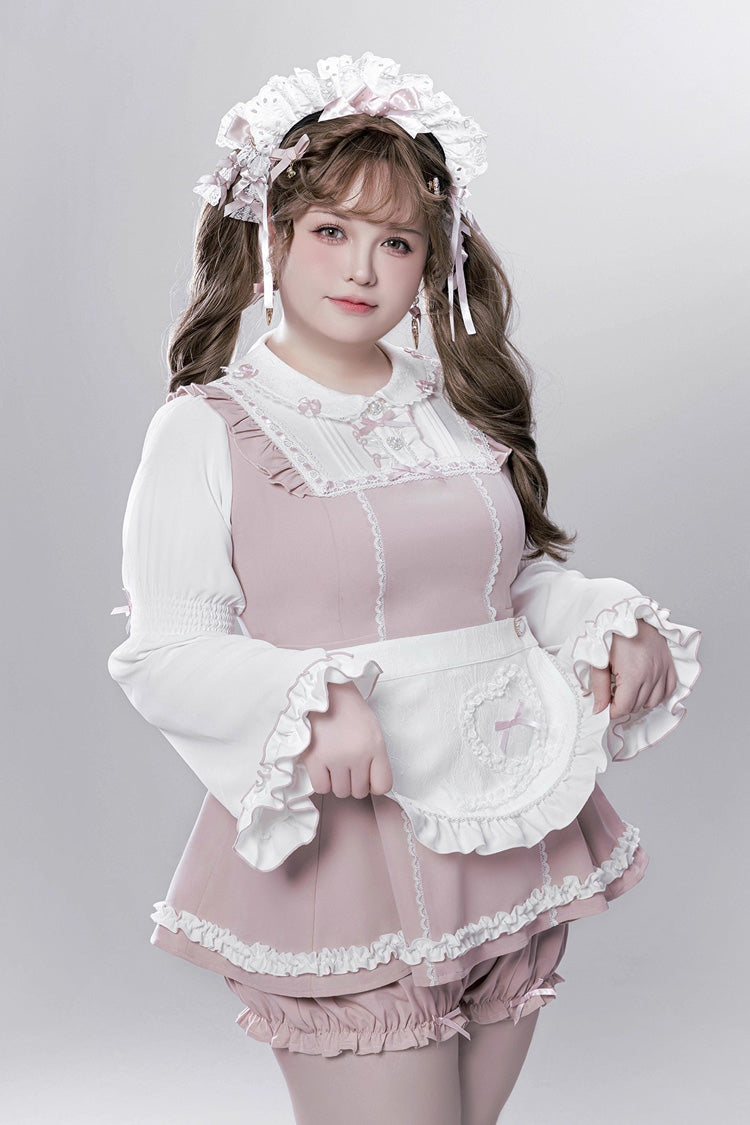 Pink/White [Showcase Doll] Japanese Maid-Style Long Sleeves Ruffle Bowknot Jirai Kei Japanese Dress Shorts Set with Detachable Apron