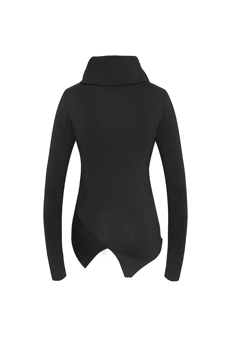Black Worn Out Cross Shaped Hasp Long Sleeve High Collar Asymmetric Hem Women's Punk T-Shirt