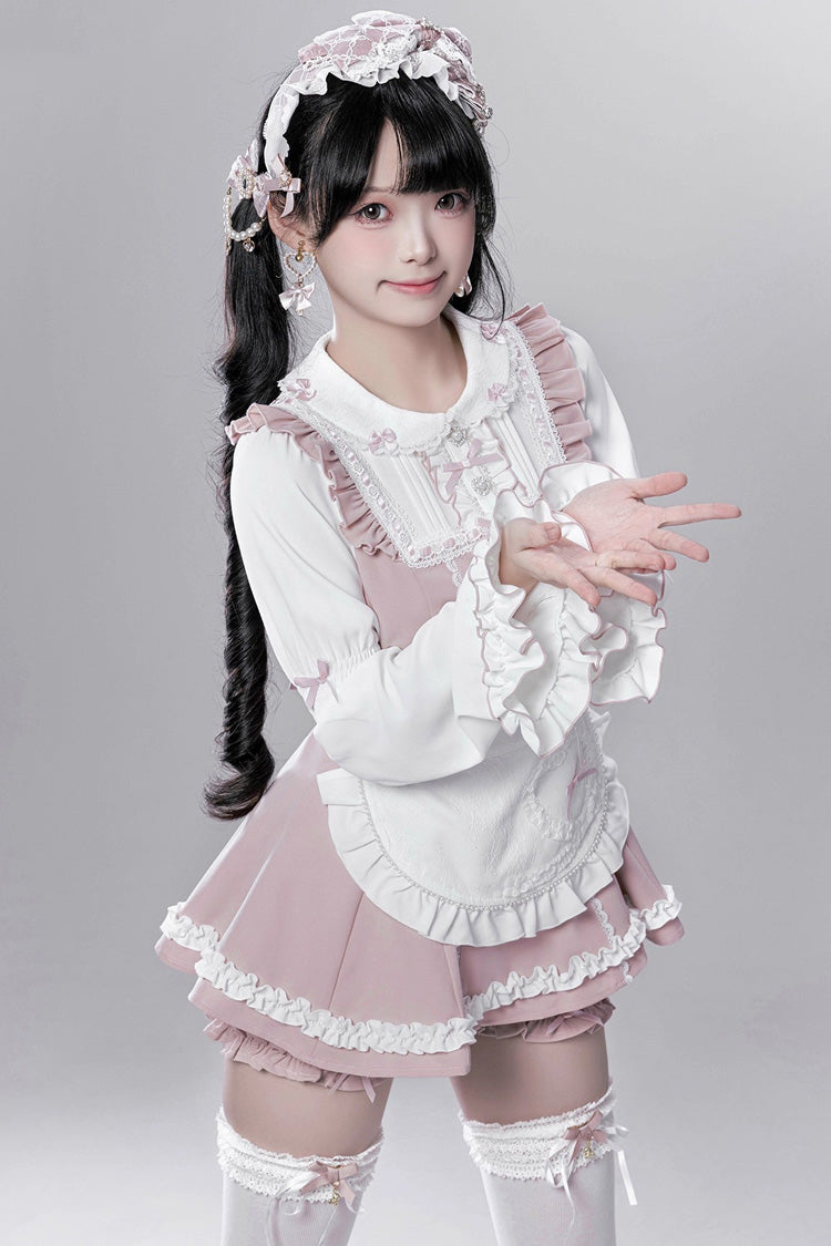 Pink/White [Showcase Doll] Japanese Maid-Style Long Sleeves Ruffle Bowknot Jirai Kei Japanese Dress Shorts Set with Detachable Apron
