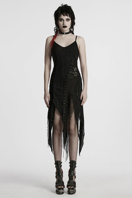 Black Sleeveless Lace Irregular Ripped Women's Gothic Party Slip Dress