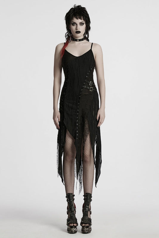 Black Sleeveless Lace Irregular Ripped Women's Gothic Party Slip Dress