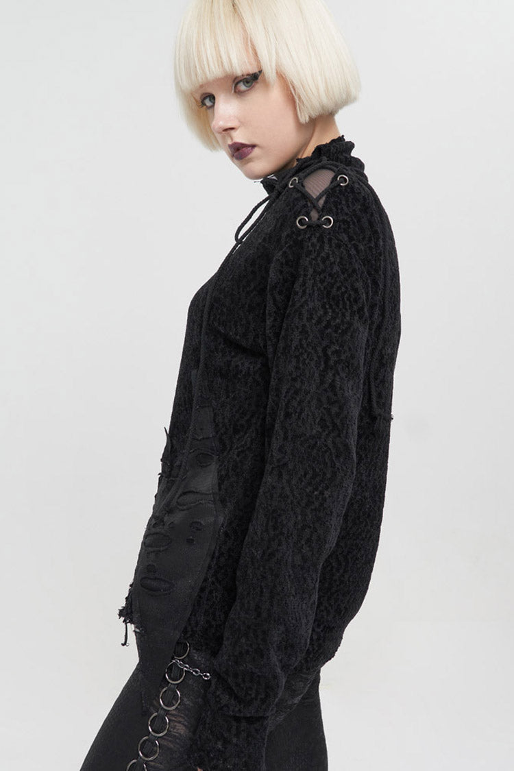 Black Wool Fabric Distressed Stitching Irregularly Pointed Hem Decadent Wind Long Sleeve Women's Punk Sweater
