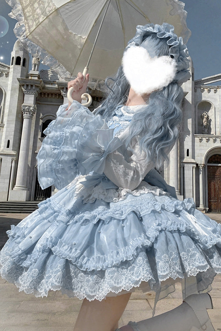 Blue [Whale] Lapel Collar Short Sleeves Triple-Layered Ruffle Embroidery Sweet Lolita Dress