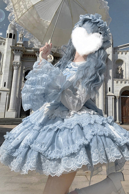 Blue [Whale] Lapel Collar Short Sleeves Triple-Layered Ruffle Embroidery Sweet Lolita Dress