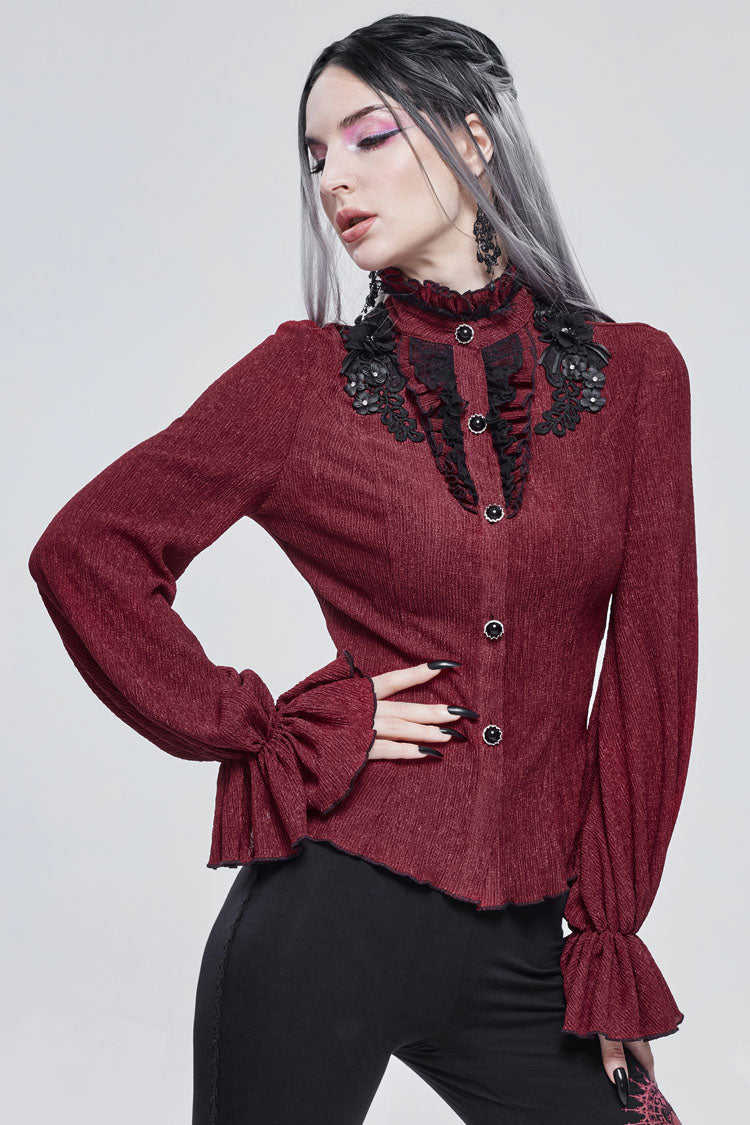 Red Lace High Neck Three Dimensional Embroidered Lantern Trumpet Sleeves Women's Gothic Shirt