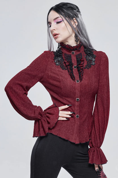 Red Lace High Neck Three Dimensional Embroidered Lantern Trumpet Sleeves Women's Gothic Shirt