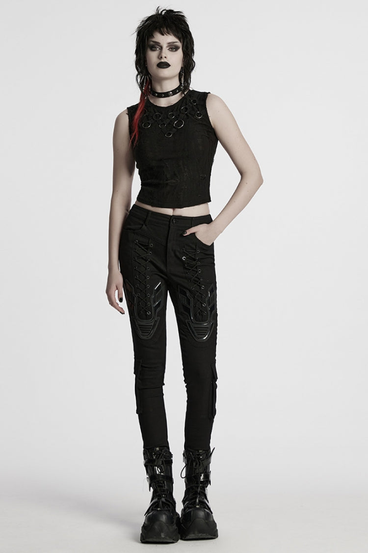 Black Sleeveless Strap Stitching Ripped Women's Punk Vest