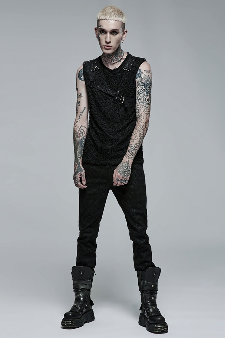 Black Sleeveless Stitching Mesh Buckle Men's Steampunk Vest