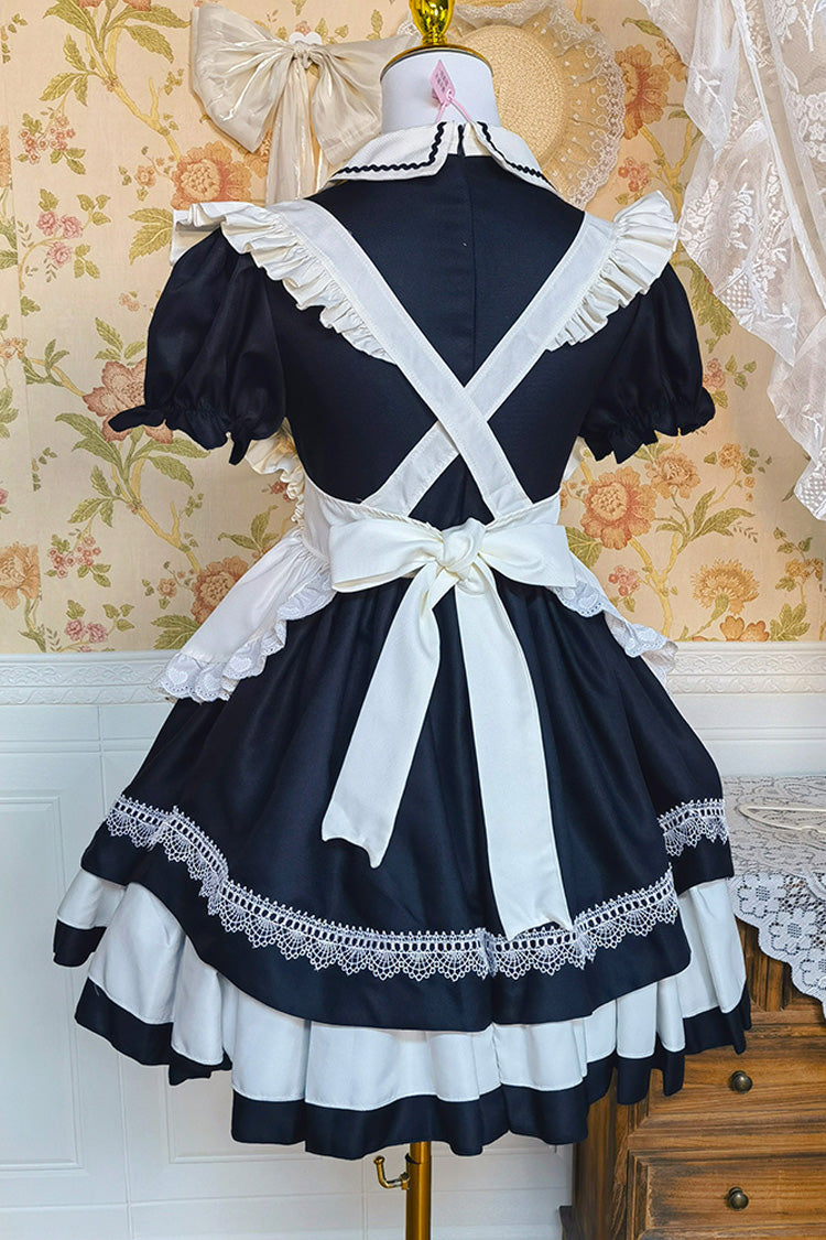 Black/White Short Sleeves Triple-Layered Ruffle Bowknot Lace Sweet Plus Size Maid Lolita Dress Set