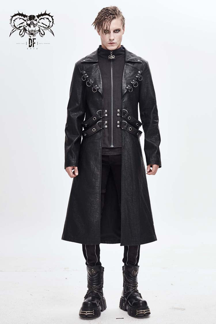 Black Stand Up Collar Waist Leather Hasp Leather Long Men's Punk Coat