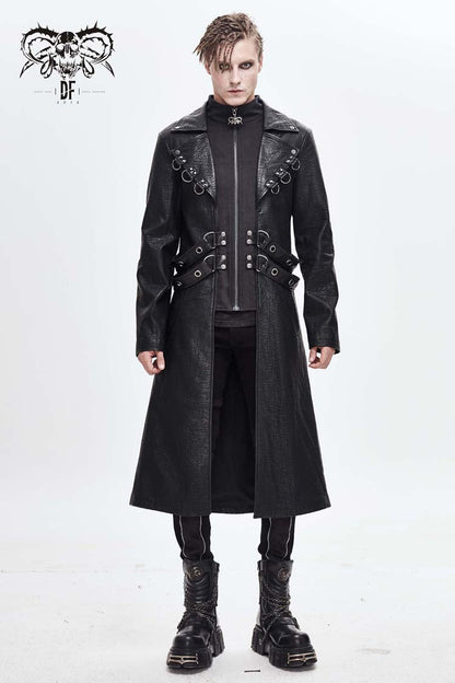 Black Stand Up Collar Waist Leather Hasp Leather Long Men's Punk Coat