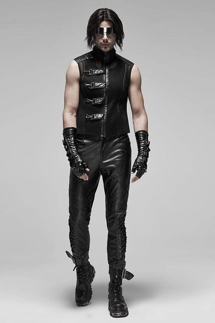 Black Punk Rough No Elasticity Woven Mesh Metal Buckle Belts Decoration Perspective Sleeveless Metal Zipper Men's Vest