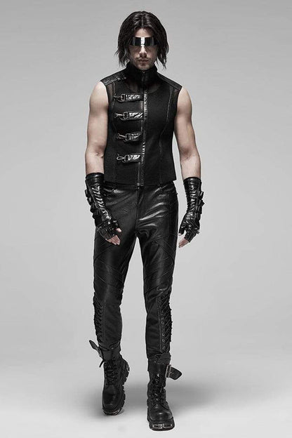 Black Punk Rough No Elasticity Woven Mesh Metal Buckle Belts Decoration Perspective Sleeveless Metal Zipper Men's Vest