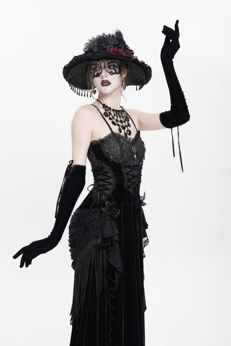 Black Sleeveless Ruffle Lace-Up Plumed Women's Gothic Long Slip Dress