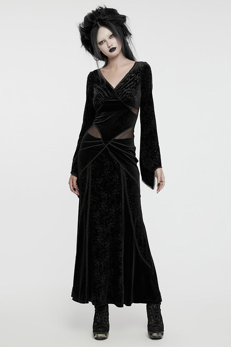 Black V Collar Long Sleeves Hollow Embroidery Lace-Up Women's Gothic Dress