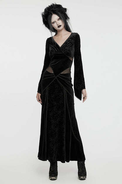 Black V Collar Long Sleeves Hollow Embroidery Lace-Up Women's Gothic Dress