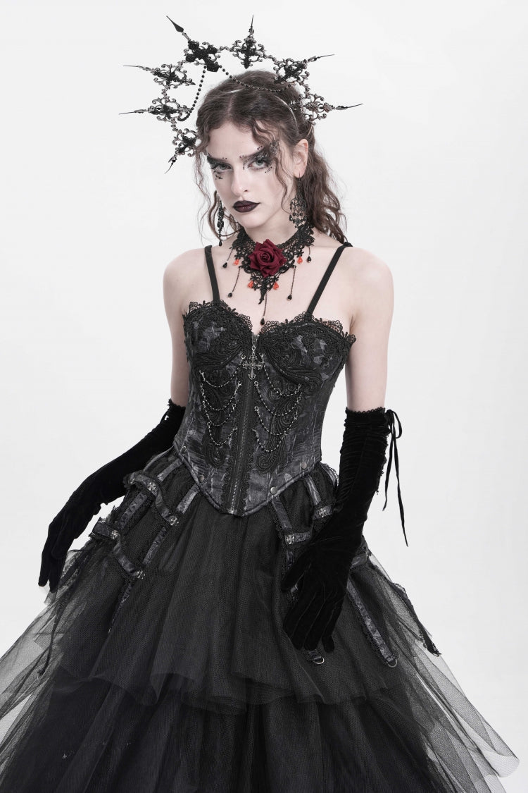 Black Sleeveless Embroidery Lace Chain Women's Gothic Vest